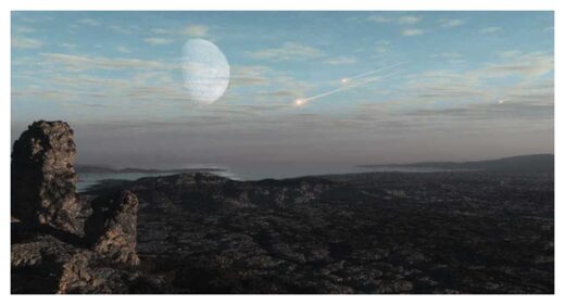 Artist’s depiction of asteroids impacting the early Earth.