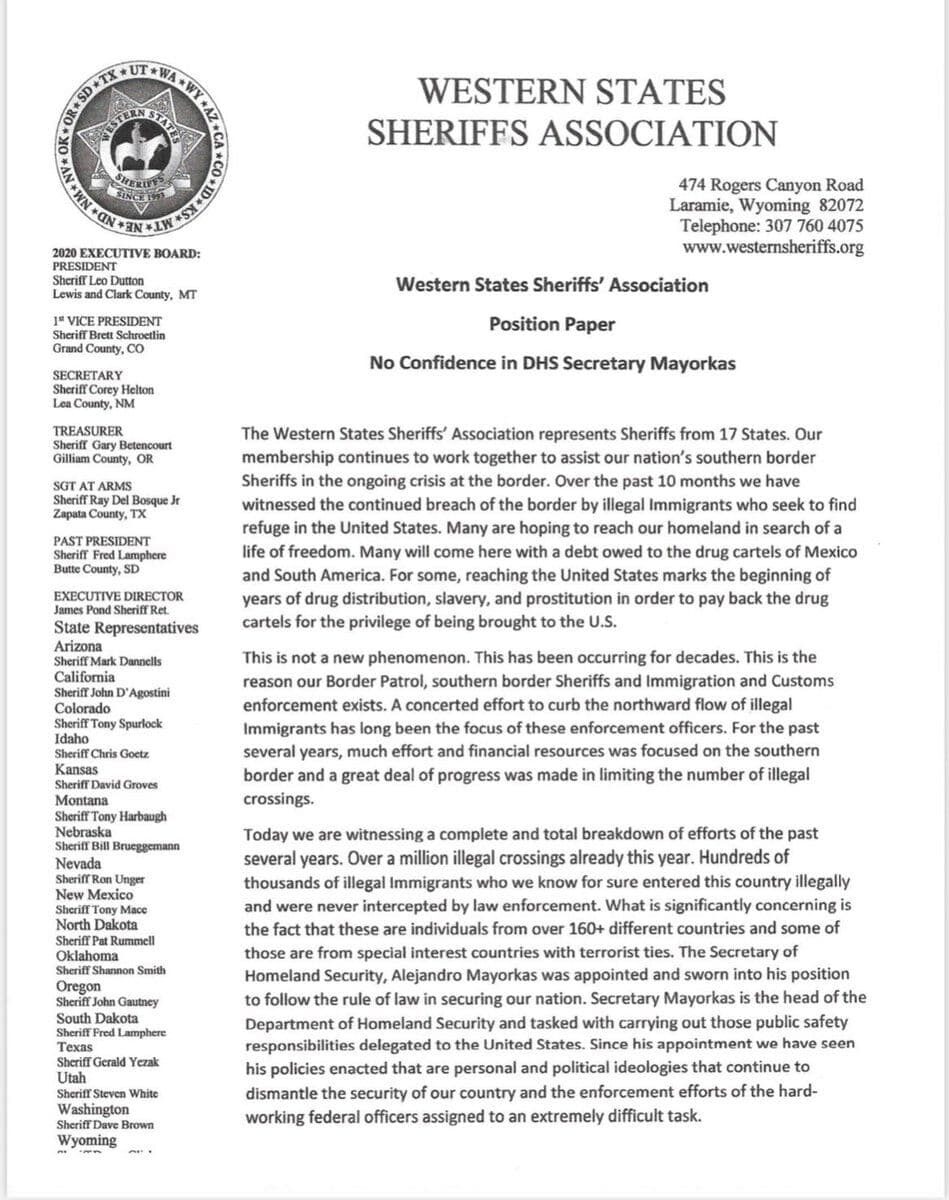 sheriffs statement no confidence Mayorkas