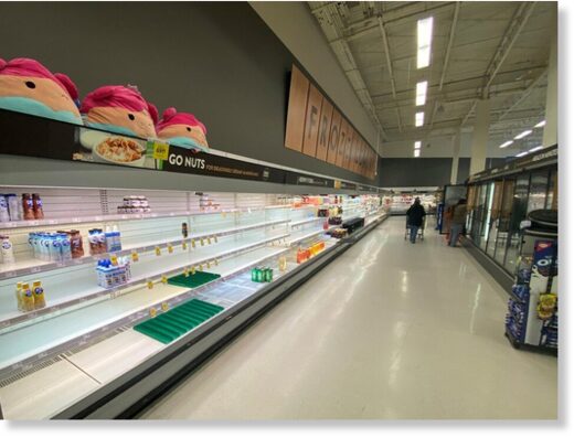 Near-empty shelves line a grocery store in Kelowna this week, following catastrophic flooding in British Columbia.