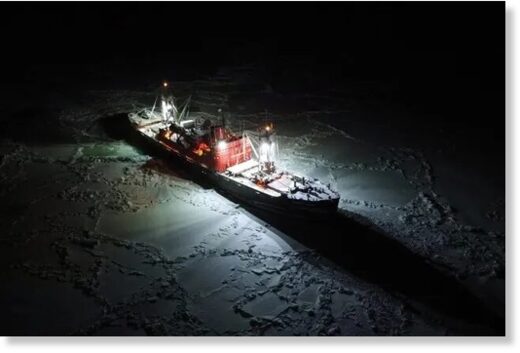 Click to enlarge Unusually thick Arctic sea ice has trapped 20+ ships. Pictured above is the Mikhail Somov,