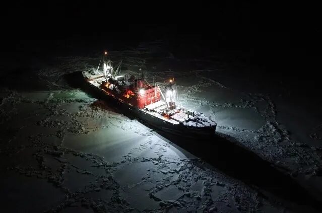 Unusually thick Arctic sea ice has trapped 20+ ships. Pictured above is the Mikhail Somov,