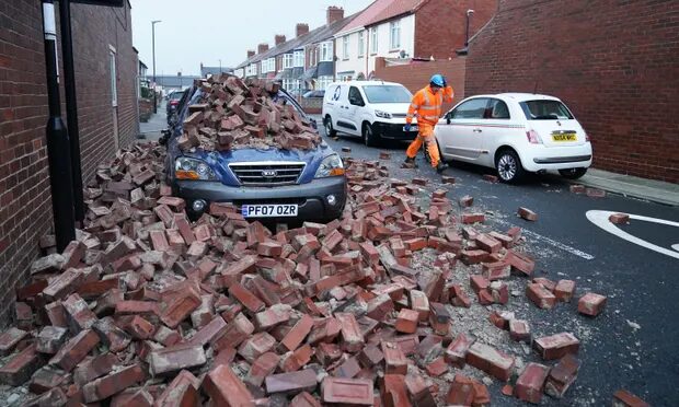 Fallen masonry on a car in Roker, Sunderland.