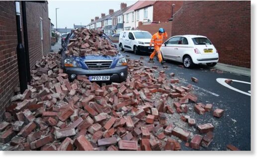 Fallen masonry on a car in Roker, Sunderland.