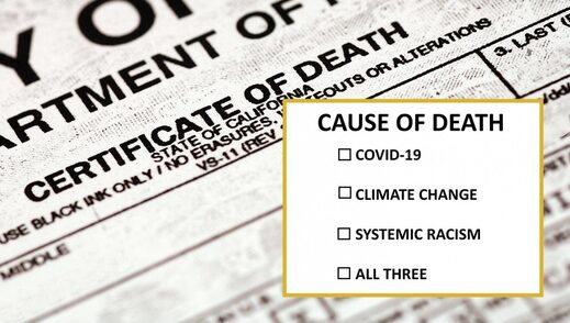 covid climate change systemic racism satire death certificate