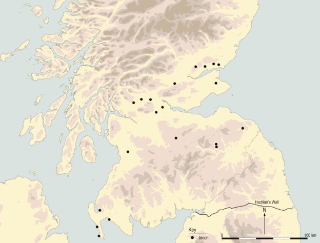 Map of brochs across lowland Scotland