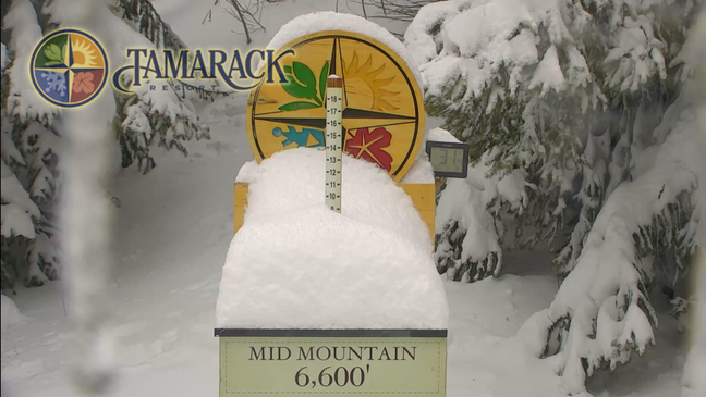 Click to enlarge Tamarack snow stake at 10:30 am Monday