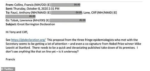 email fauci collins smear scientists lockdown