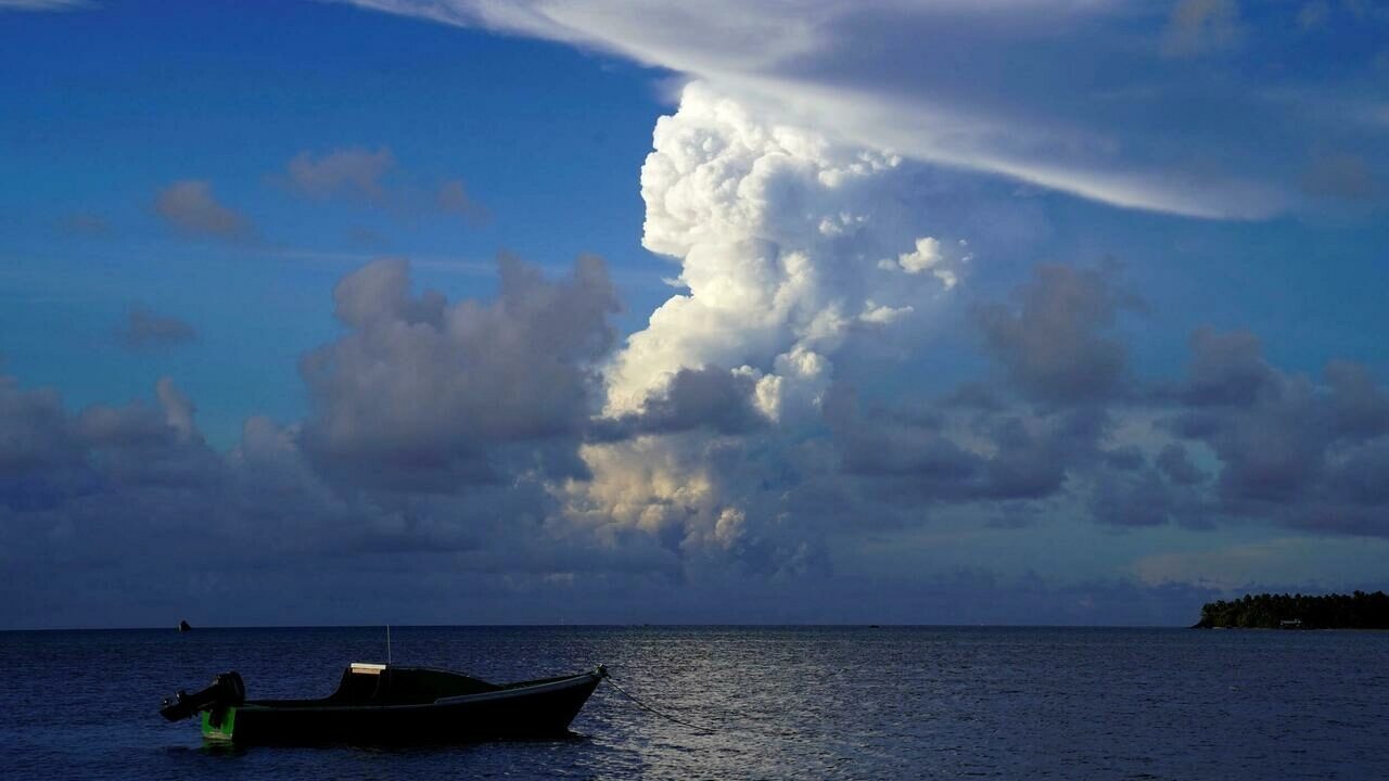 White gaseous clouds rise from the Hunga Ha'apai eruption, seen from near Tonga's capital Nuku'alofa