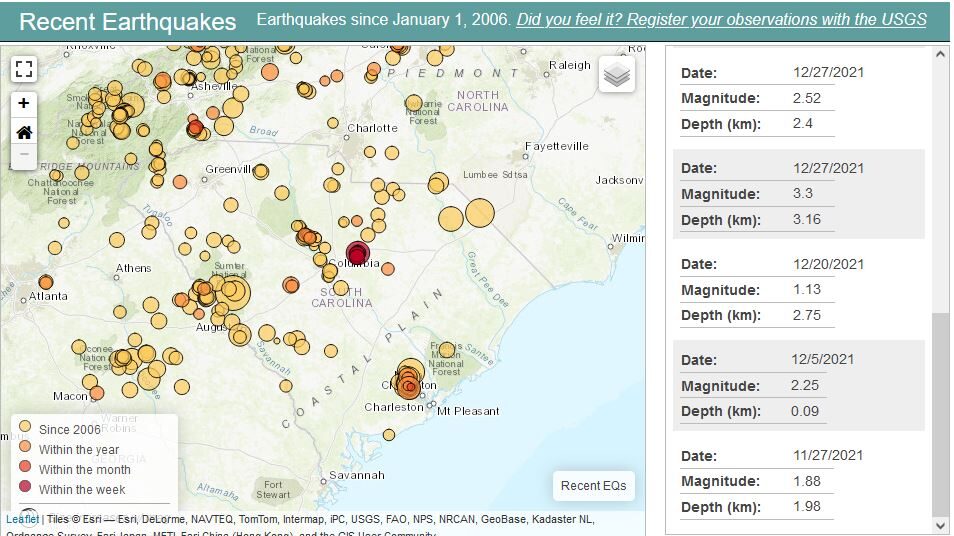 earthquakes south carolina
