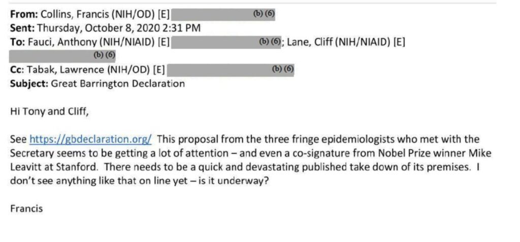 francis collins fauci email barrington declaration smear