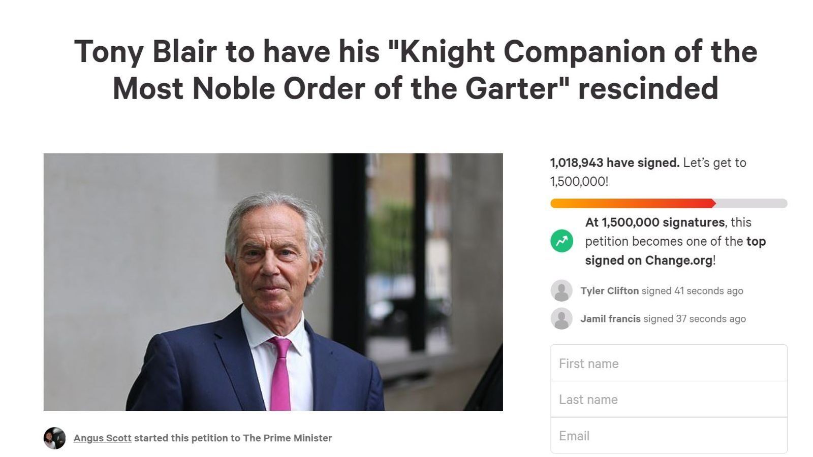 blair petition knighthood