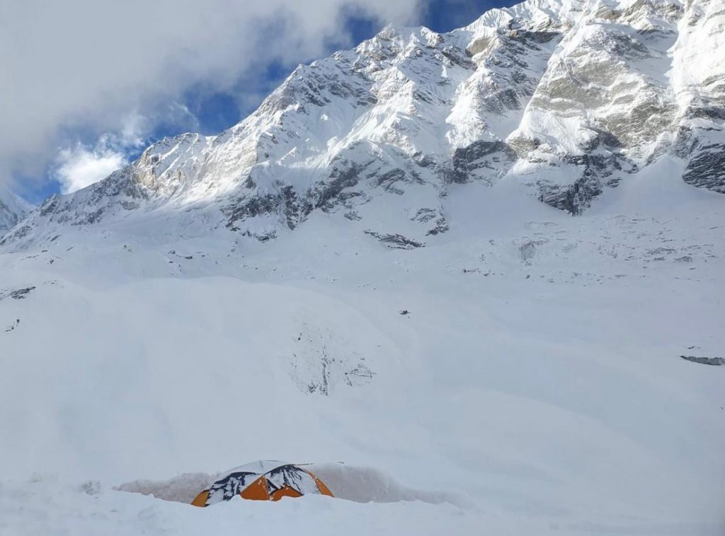 Click to enlarge A hardly visible tent in Manaslu Base Camp.
