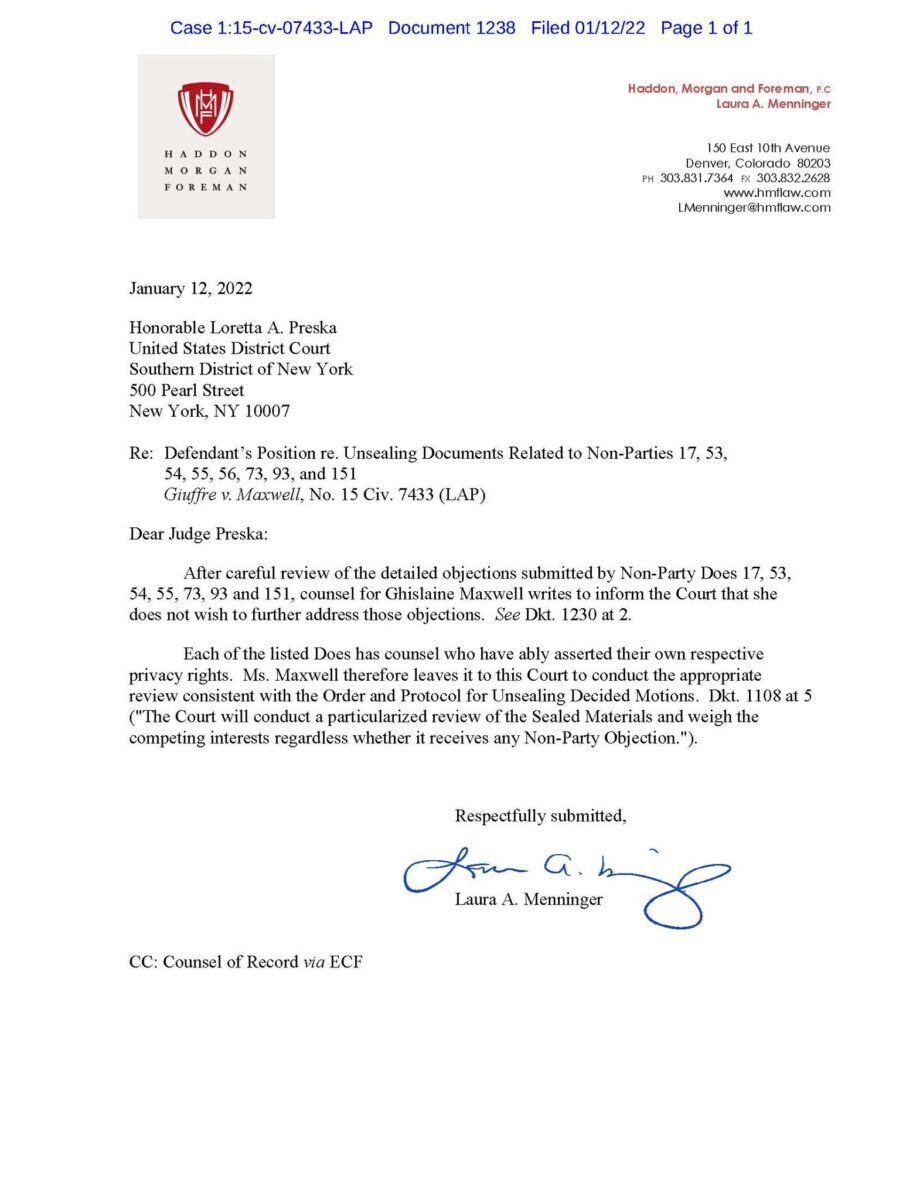 letter maxwell unseal john doe names trial