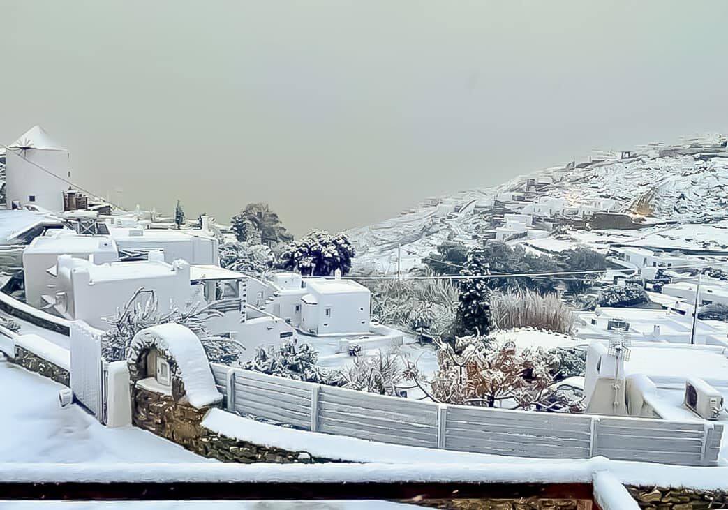 Mykonos on Sunday is covered in a thick layer of snow.