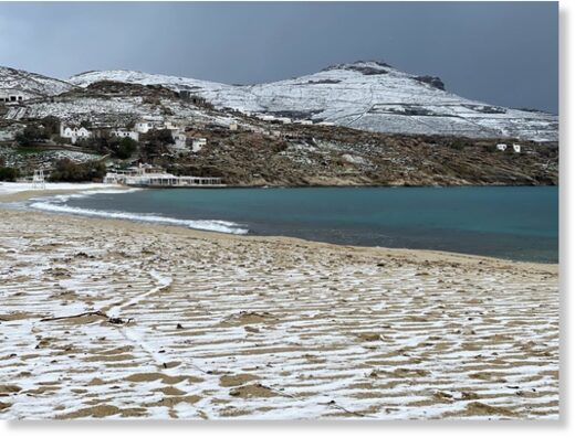 The famous beaches of Mykonos are covered in snow.