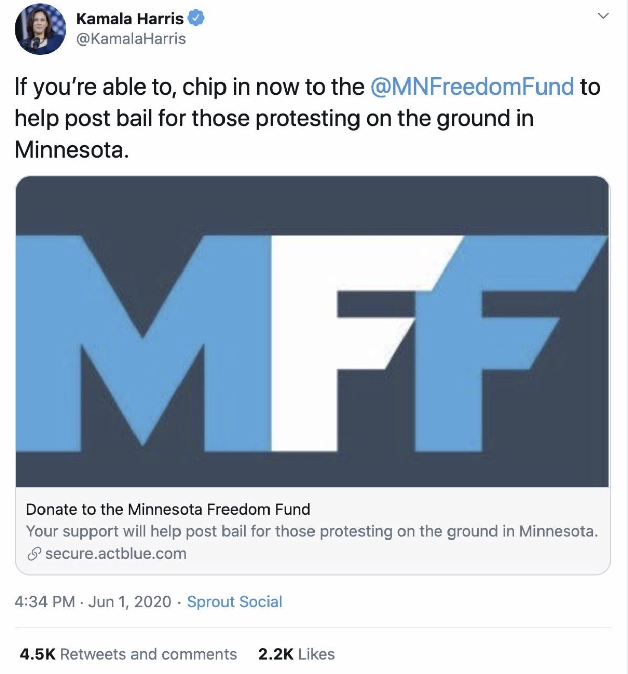 kamala tweet fundraise blm riot bail