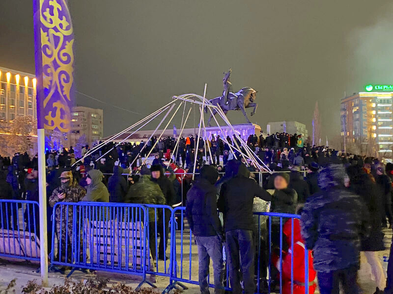 Click to enlarge Protestors setting up a yurt in Aktobe on Jan. 4.
