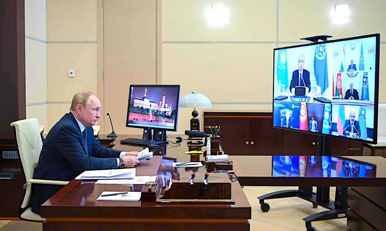 Click to enlarge Putin speaking with other CSTO leaders, Jan. 10.