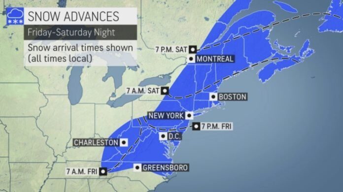 Click to enlarge bomb cyclone snow fall predictions timing jan 2022