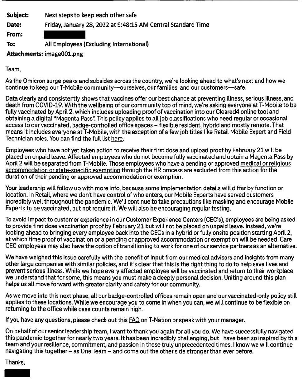 Click to enlarge t-mobile vaccine mandate employees