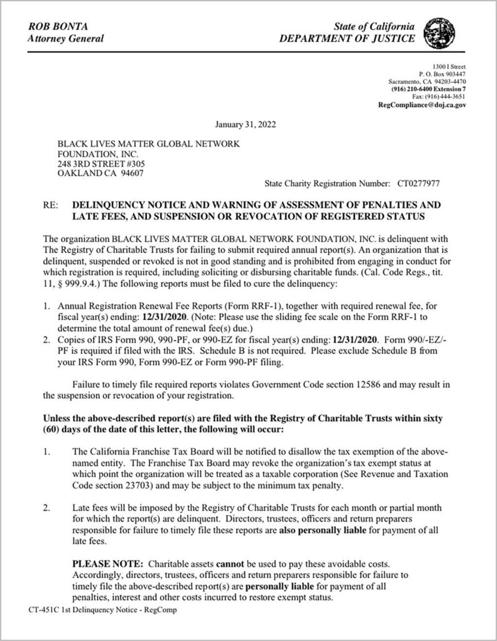letter california BLM black lives matter finances