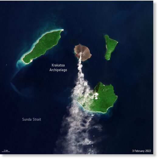 Anak Krakatoa, or Krakatau, volcano on Rakata Island in Indonesia captured by the Copernicus Sentinel-2 mission on February 3, 2022.