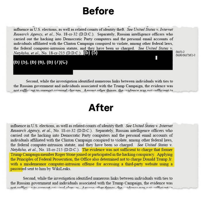 Click to enlarge un redacted passages Mueller report BuzzFeed