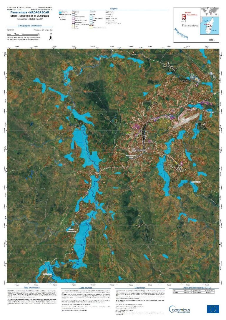 Click to enlarge Copernicus EMS provided maps of flooded areas in Ambahi, Fianarantsoa, Maharono, Manakara, Mananjary, Mananjary City, Nosy Varika and Tsiribihina. The above shows flooded areas (light blue) in areas around Fianarantsoa, Madagascar.