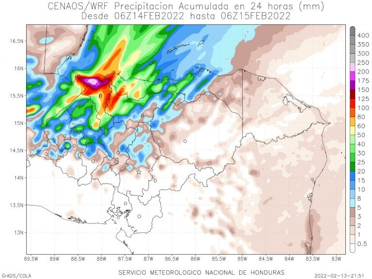Click to enlarge Rainfall in Honduras 14 to 15 February, 2022.