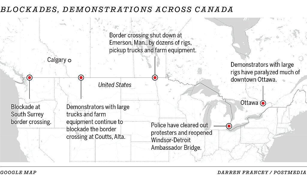 Click to enlarge map blockades freedom convoy canada borders