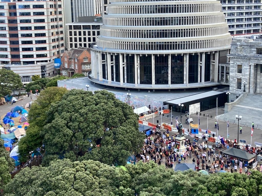 Click to enlarge Anti-vaccine mandate protesters gather to demonstrate in front of the parliament building, in Wellington, New Zealand
