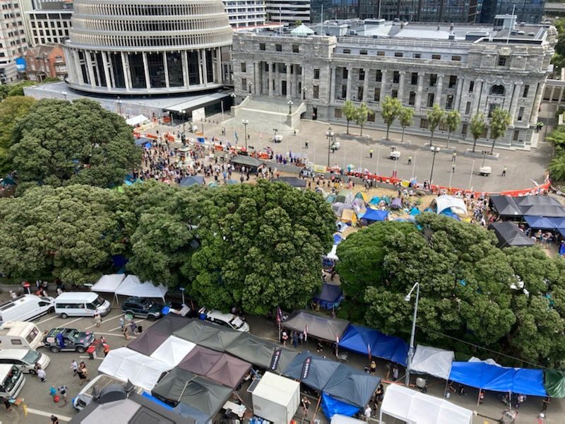 Anti-vaccine mandate protest in front of the parliament building, in Wellington, New Zealand