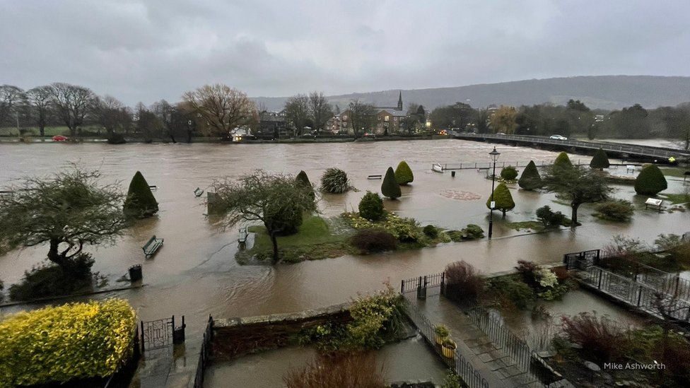 The River Wharfe in Otley, West Yorkshire, after bursting its banks