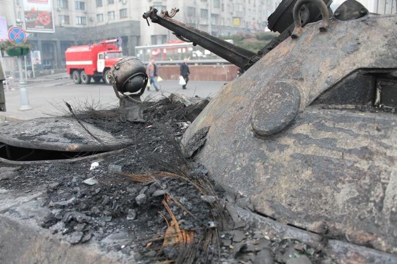 A destroyed armored vehicle in Kiev  euromaiden ukraine