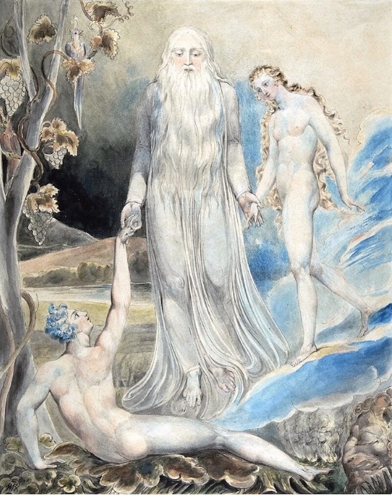Click to enlarge Angel of the Divine Presence Bringing Eve to Adam, by William Blake