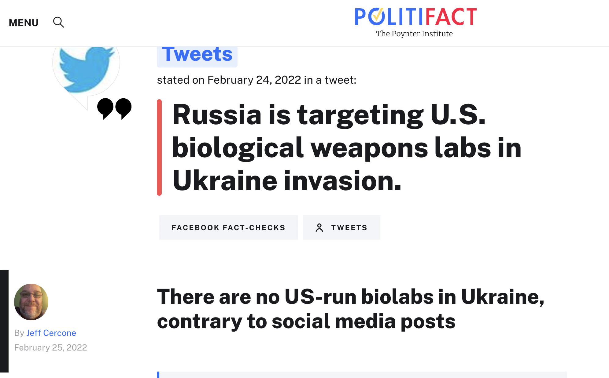 politifact ukraine biological weapons