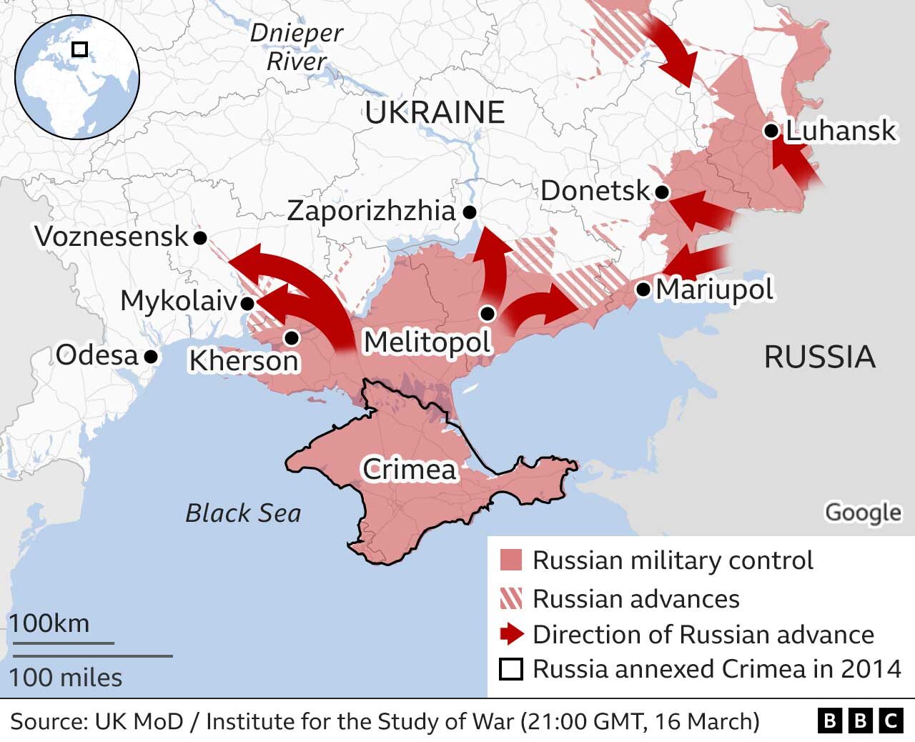 Map of initial southeastern Ukrainian operations by Russian forces against Ukrainian-Us military facilities in the southeast.