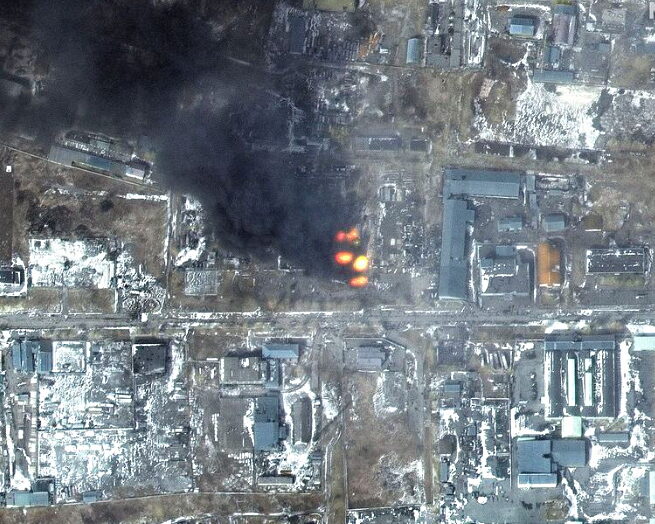 Click to enlarge Satellite image of damaged buildings Mariupol