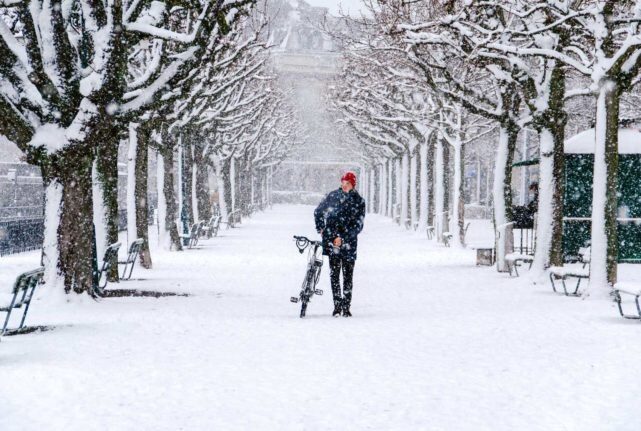 A person walks their bike through the snow in the Swiss canton of Zurich.