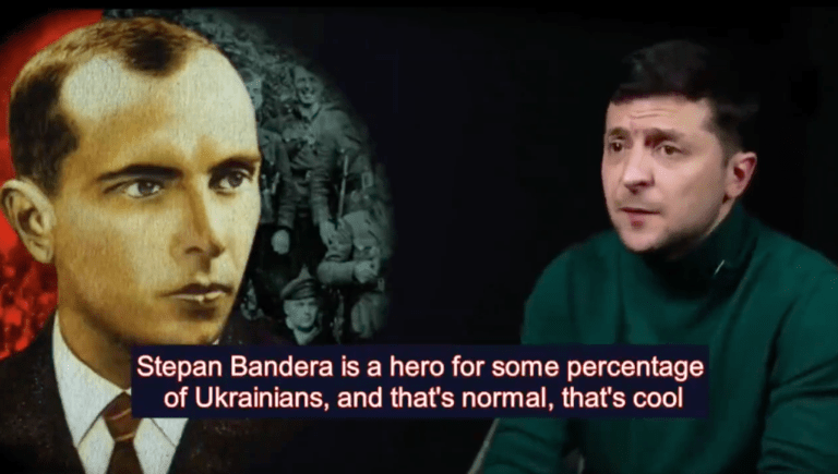 Click to enlarge Ukrainian President Volodymyr Zelensky discusses Stepan Bandera
