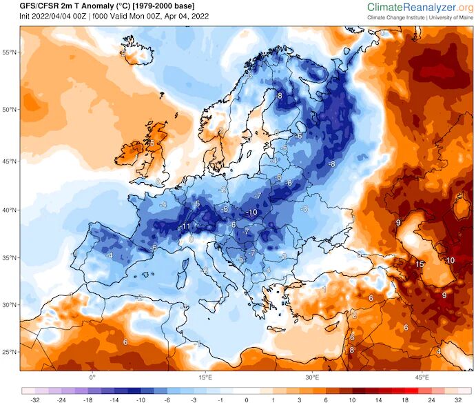 Temperature difference from normal over Europe