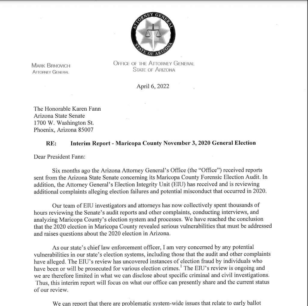 letter arizona election fraud brnovich