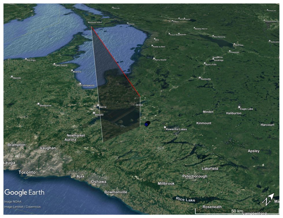Click to enlarge Fireball trajectory as projected by Western’s all-sky camera network