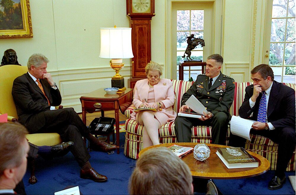 Click to enlarge President Clinton briefed in Oval Office on Kosovo by Secretary of State Madeleine Albright