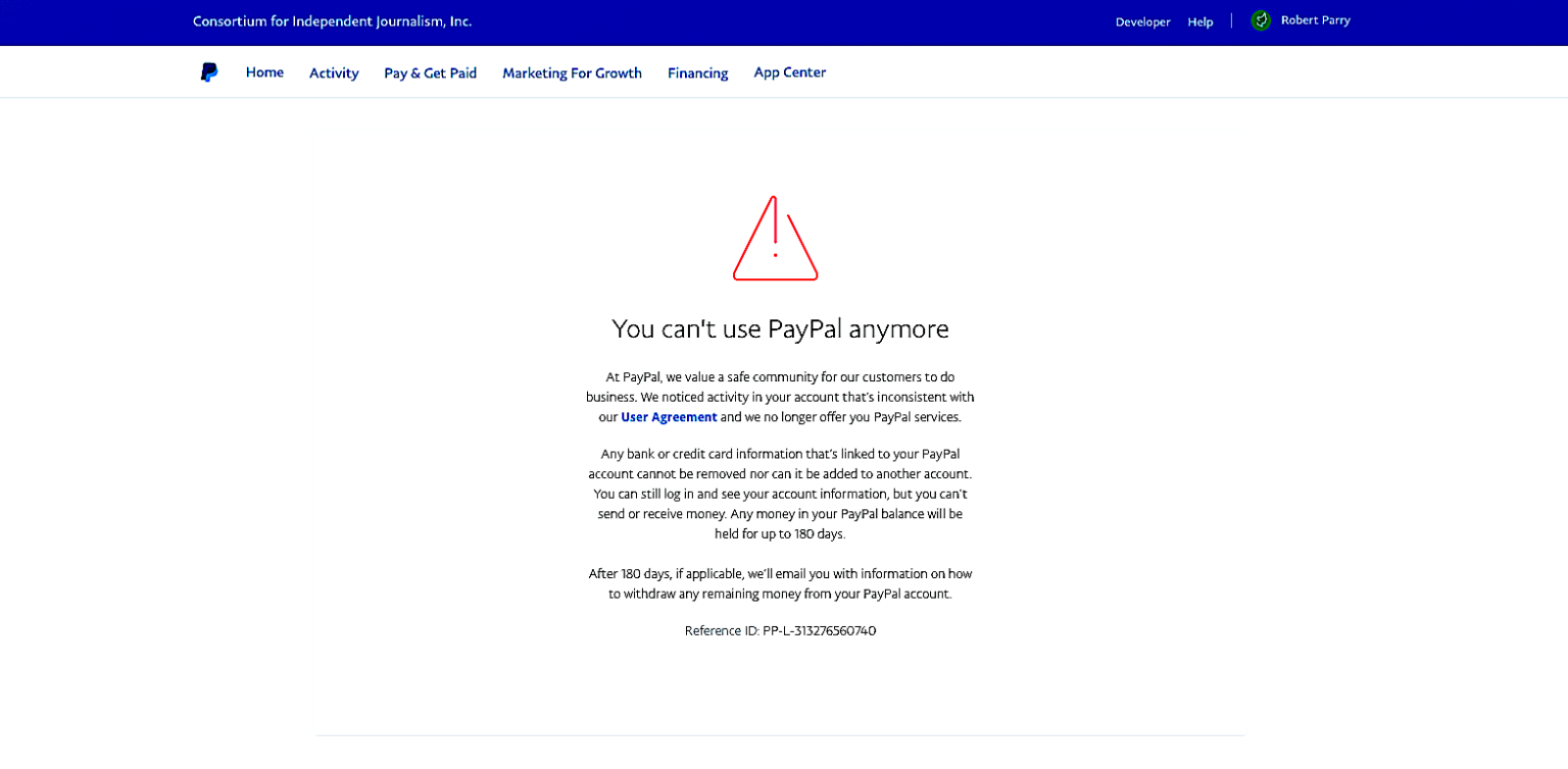 Click to enlarge consortium news paypal account cancelled