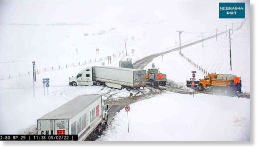 Click to enlarge The Nebraska Department of Transportation works to try and reopen Interstate 80 on Monday, after heavy snowfall totals hit the Nebraska Panhandle.