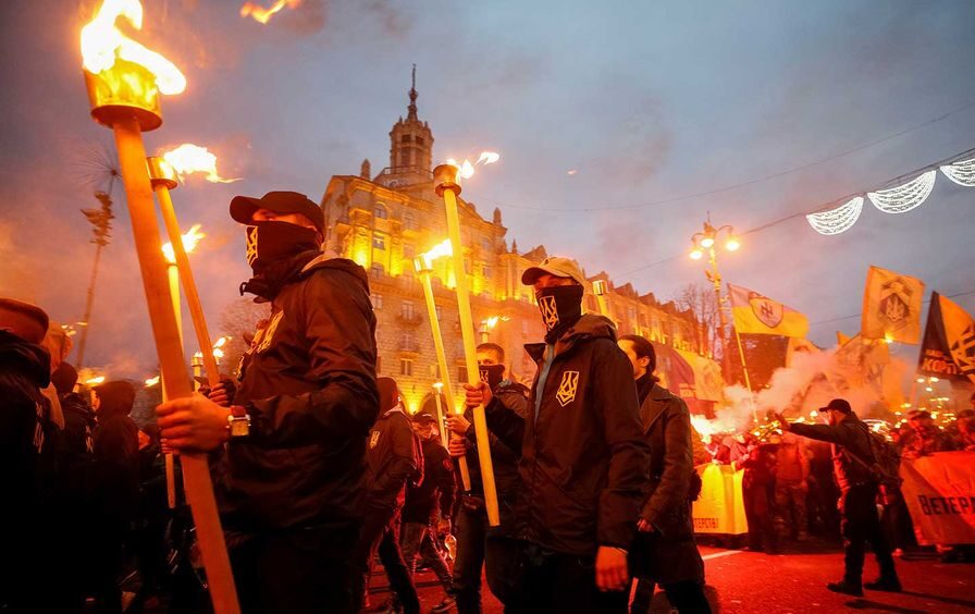 A march of the Azov Battalian, Svoboda, and other far-right radical groups in Kiev, October 14, 2017.