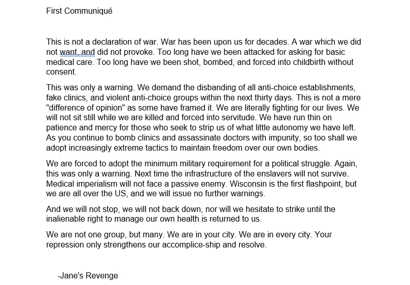jane's revenge statement