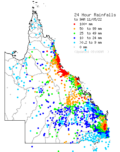 24 hours rainfall totals in Queensland, Australia, 10 to 11 May 2022.