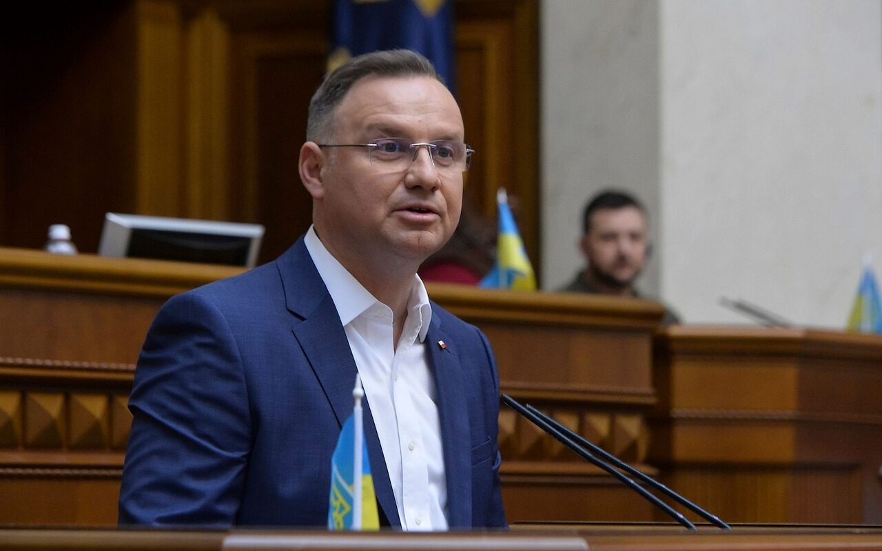 Polish President Andrzej Duda addresses the Ukrainian parliament in Kyiv on Sunday